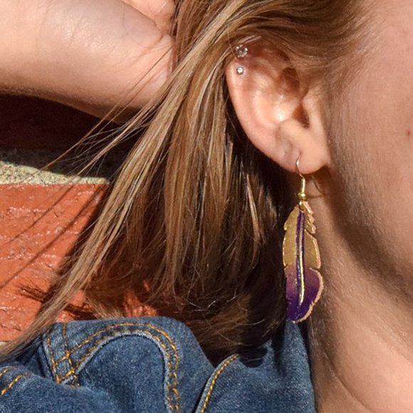 Genuine Leather Feather Earrings in Purple & Gold - Picture 3 of 3